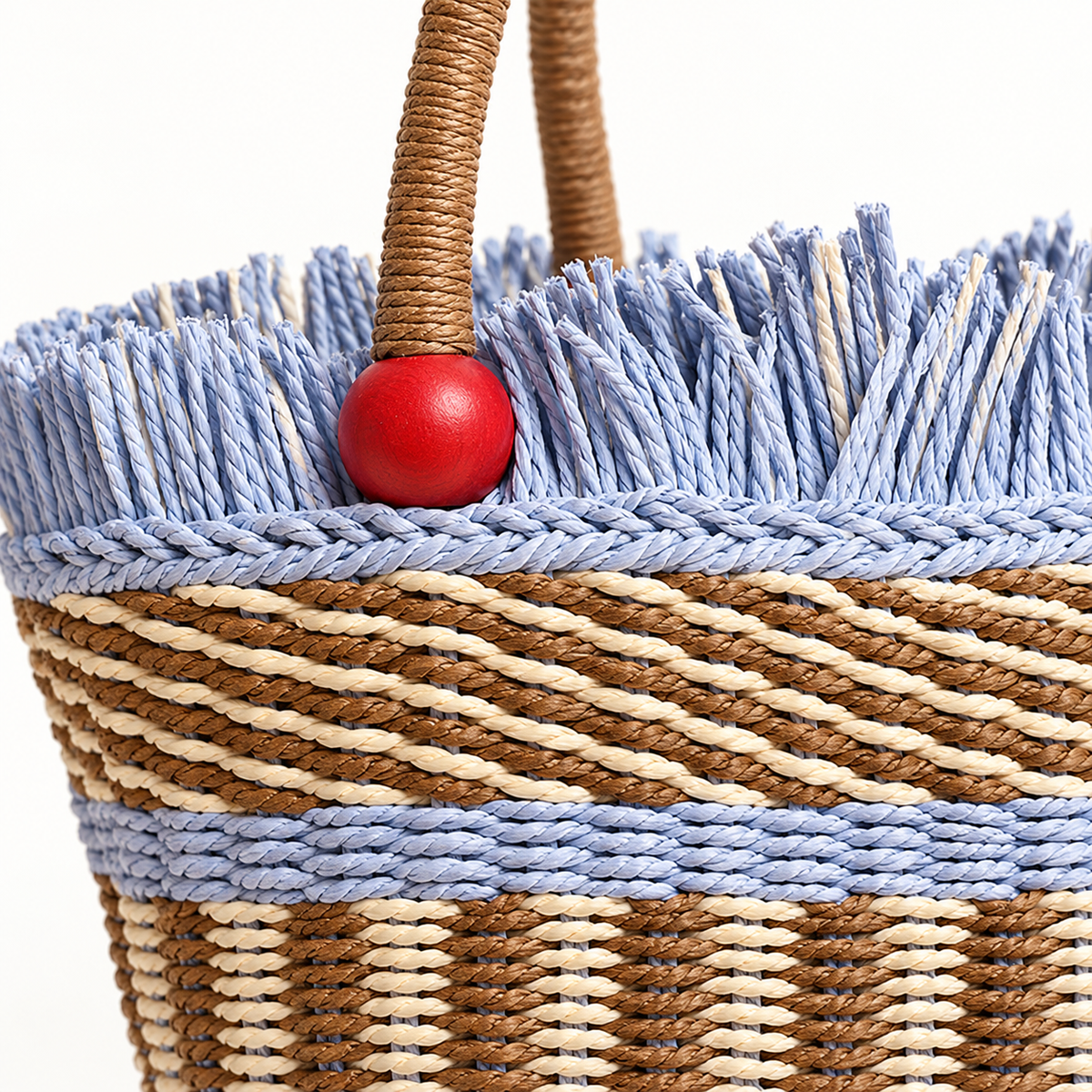 Wooden Bead Bucket Bag, close-up of a red bead, wrapped handle and pale blue fringed rim