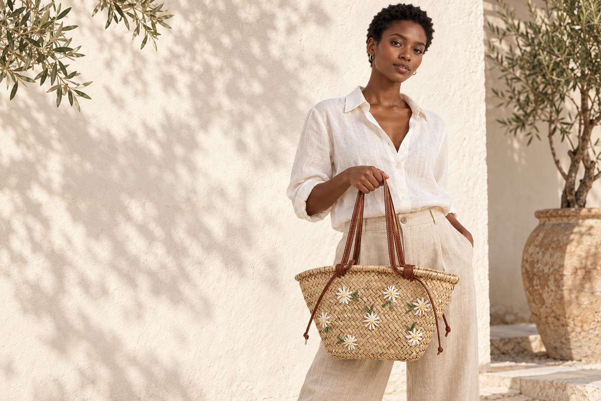 Woman carrying the Floral Triangle Tote with white daisies beside a sunlit plaster wall