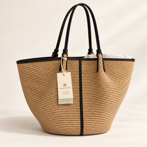 Center Stripe Woven Tote, natural / black trim, front view with Solace & Straw hangtag
