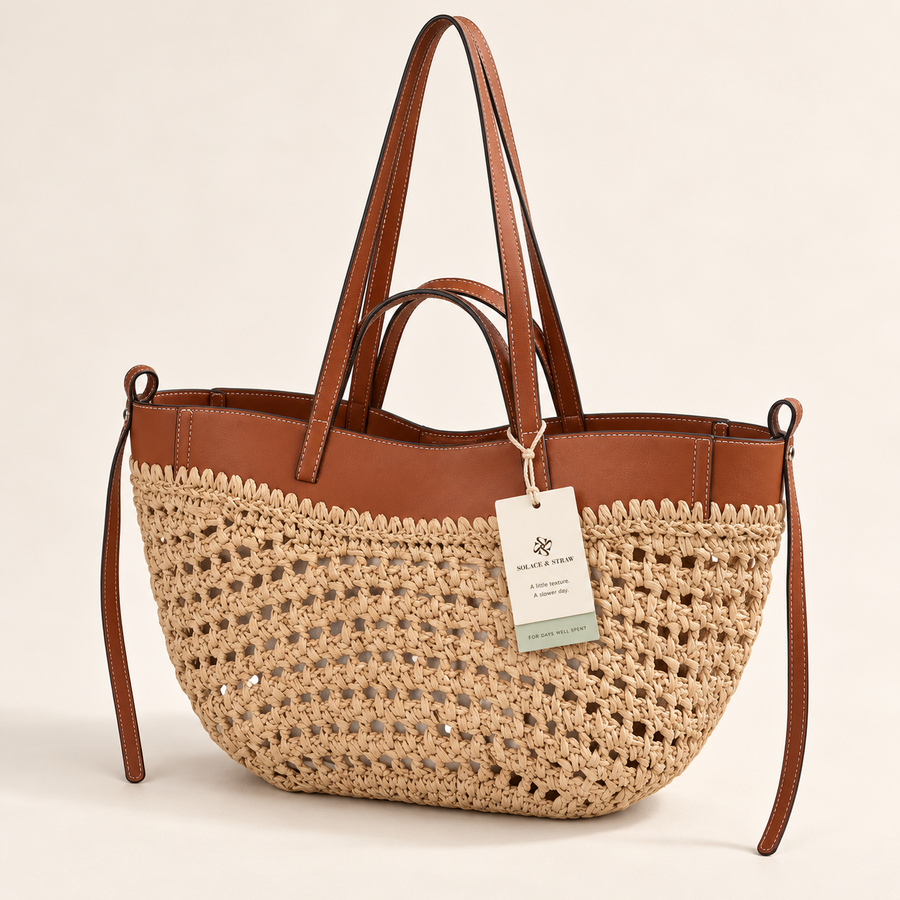 Double Handle Woven Tote, natural / brown trim, front view with Solace & Straw hangtag