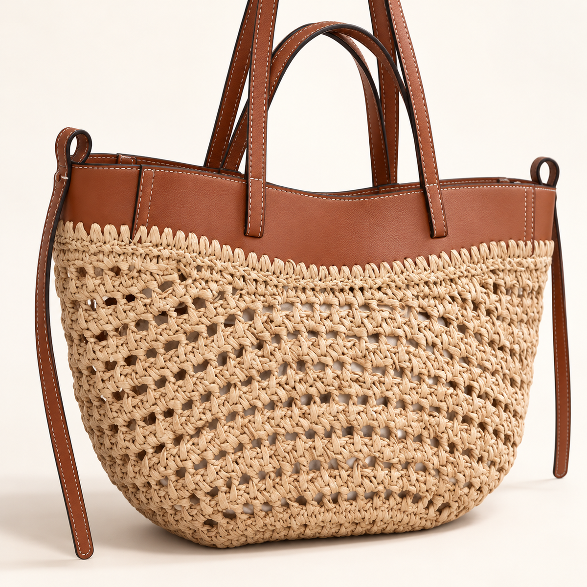 Double Handle Woven Tote, close-up of brown trim stitching and open woven texture