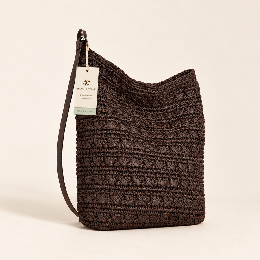 Textured Woven Shoulder Bag, dark coffee, front view with Solace & Straw hangtag