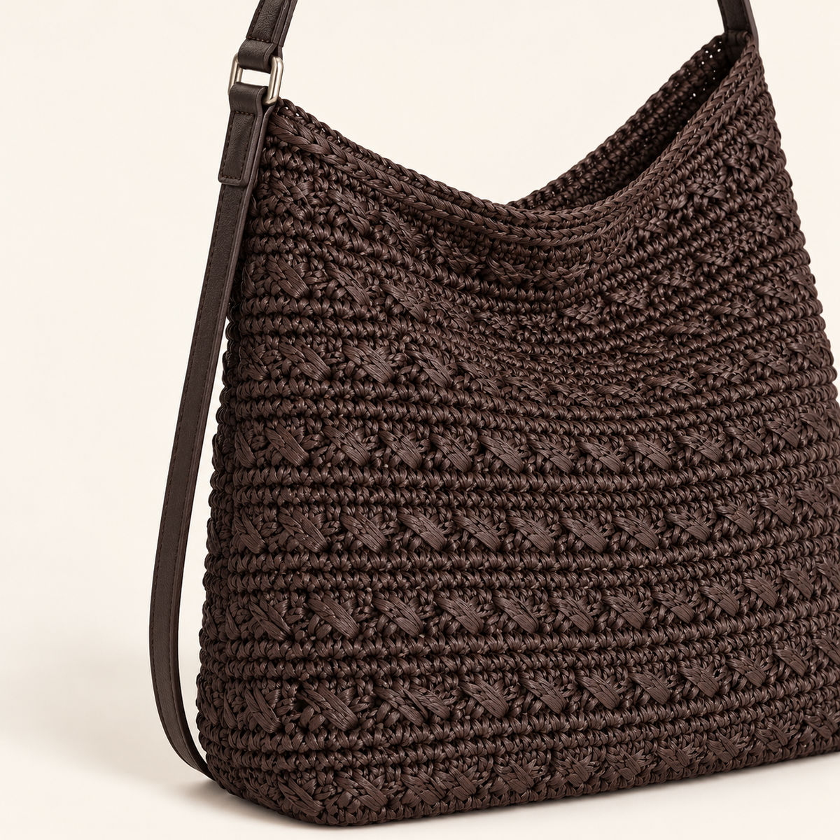 Textured Woven Shoulder Bag, close-up of textured weave and strap joining upper edge