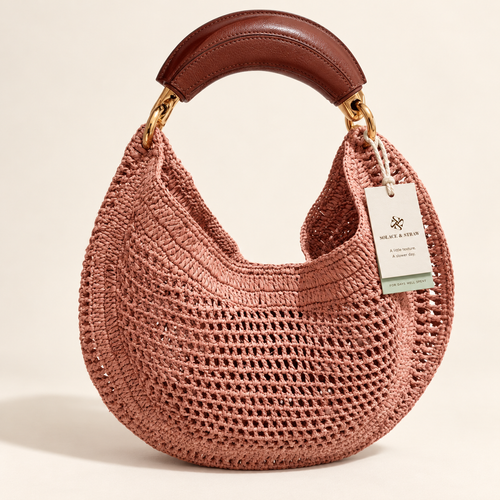 Crescent Woven Top Handle Bag, rose, front view with Solace & Straw hangtag