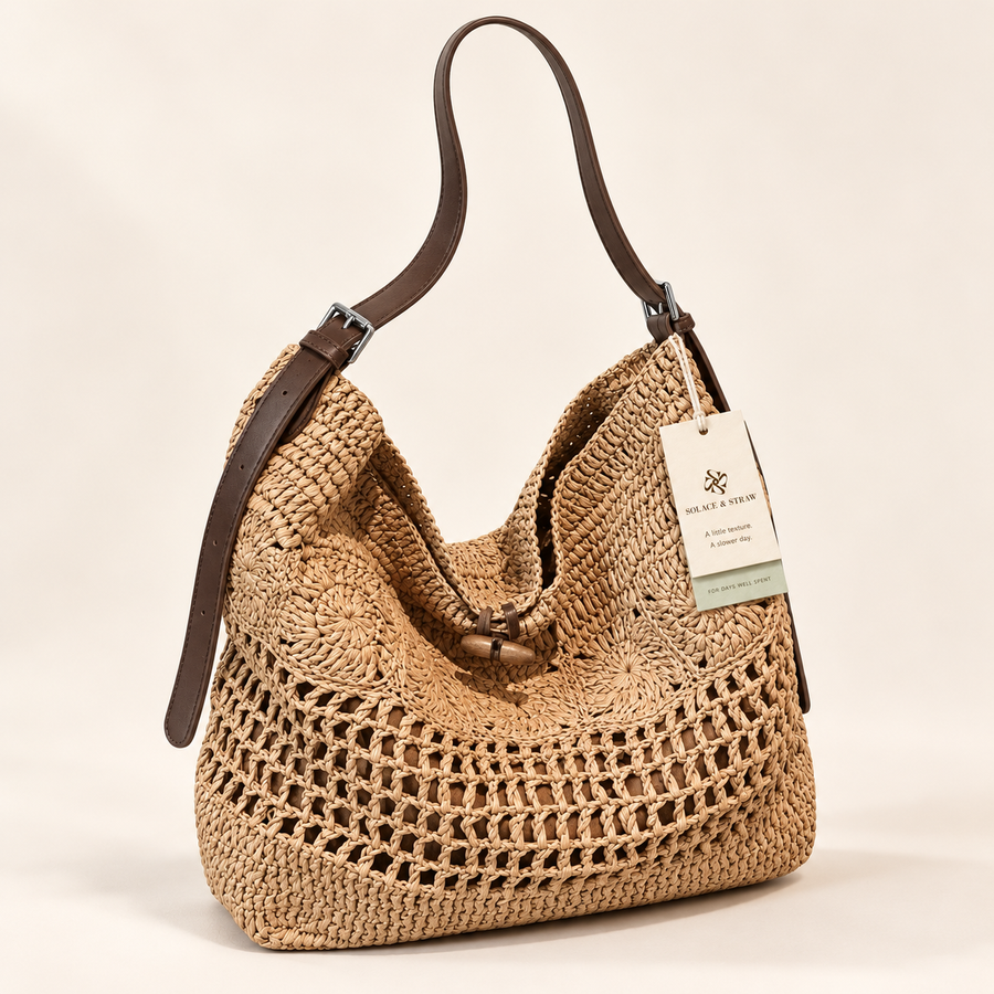 Openwork Woven Hobo Bag, khaki / brown strap, front view with Solace & Straw hangtag
