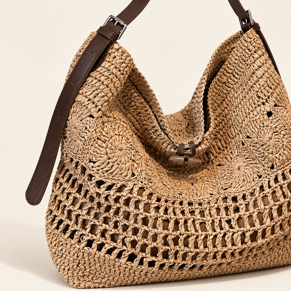 Openwork Woven Hobo Bag, close-up of dense upper weave transitioning to openwork